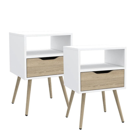 Mesa de Noche Otom, Blanco y Beige, con Patas de Madera y Un Cajón X2