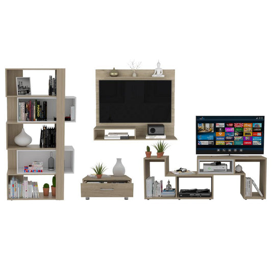 Combo para Sala, Ascher, Incluye Biblioteca, Mesa de Centro, Panel y Rack para TV, Beige y Blanco