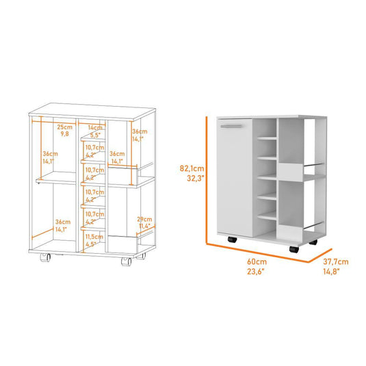 Bar Cart, Blanco Marqueza, con Una Puerta y Patas con Rodachines ZF