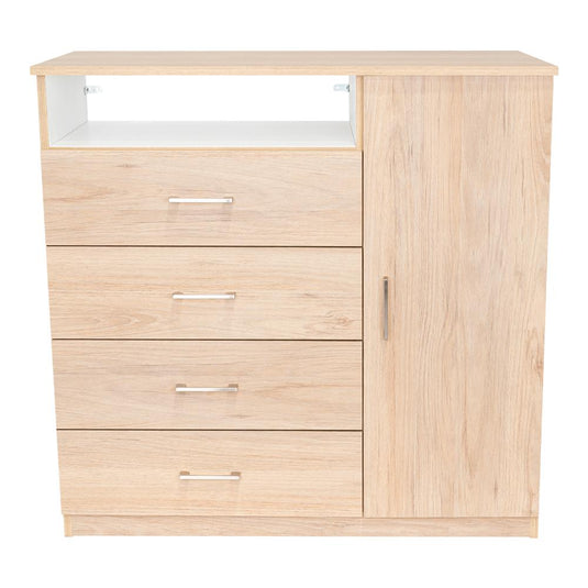 Comoda con Cuatro Cajones y Puerta, Rovere y Blanco