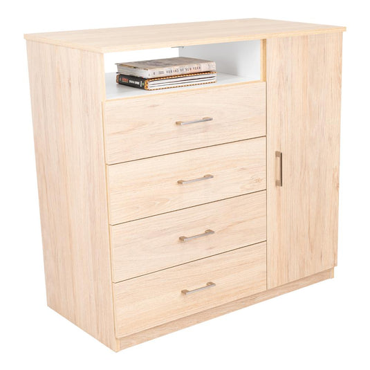 Comoda con Cuatro Cajones y Puerta, Rovere y Blanco