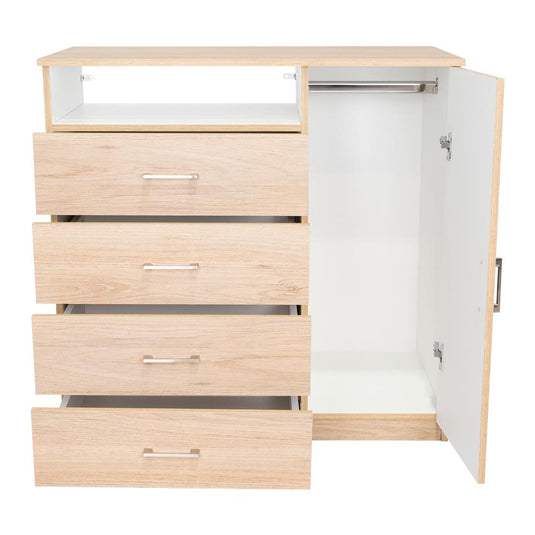 Comoda con Cuatro Cajones y Puerta, Rovere y Blanco