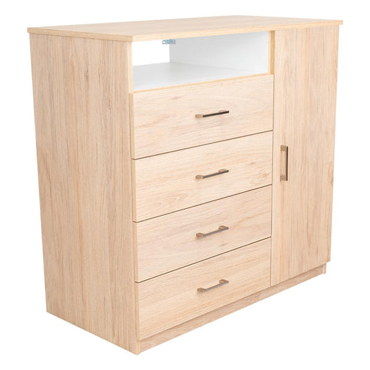 Comoda con Cuatro Cajones y Puerta, Rovere y Blanco