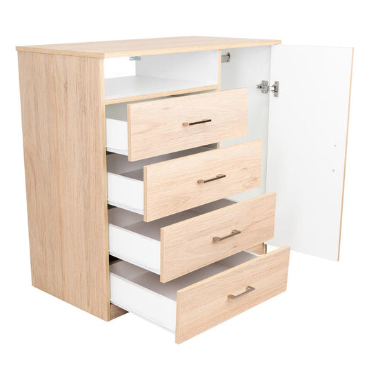 Comoda con Cuatro Cajones y Puerta, Rovere y Blanco