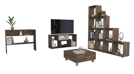 Combo Para Sala Juno, Incluye Rack para TV, Biblioteca Escalera, Arrimo y Mesa de Centro