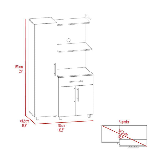 Alacena Panter, Blanco Duqueza y Bardolino, con espacio para microondas puertas abatibles y un cajon