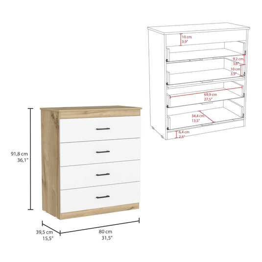 Cómoda o cajonera Douglas, Blanco y Café Claro con Cuatro Cajones ZF