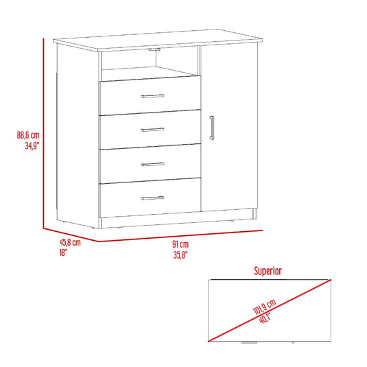 Comoda con Cuatro Cajones y Puerta, Rovere y Blanco