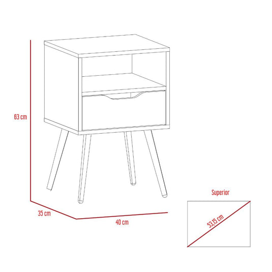 Mesa de Noche Otom, Duna y Blanco, con Patas en Madera y un Cajón