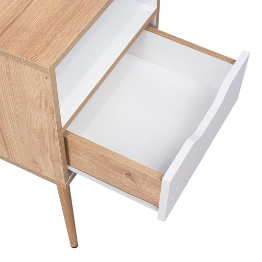 Mesa de Noche Otom, Duna y Blanco, con Patas en Madera y un Cajón