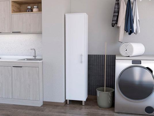 Mueble de Aseo Laska, Blanco, Gran Espacio Para Almacenar articulos de Aseo, con Colgadero de Escobas.