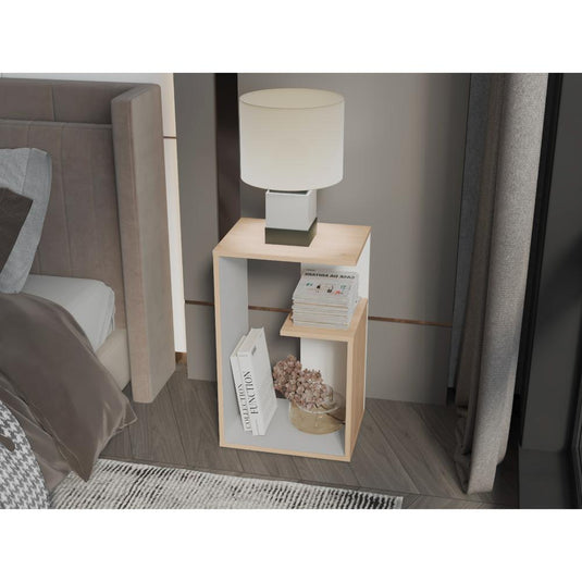 Mesa de Noche Evert, Beige y Blanco, con diseño moderno y espacio para ubicar objetos