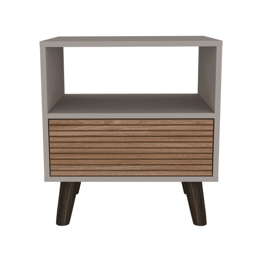 Mesa de Noche, Funes, Taupe, con un Cajón y Amplio espacio para Almacenar Objetos