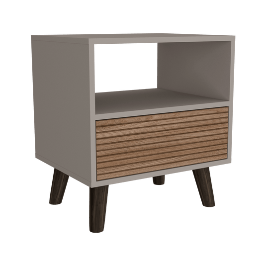 Mesa de Noche, Funes, Taupe, con un Cajón y Amplio espacio para Almacenar Objetos