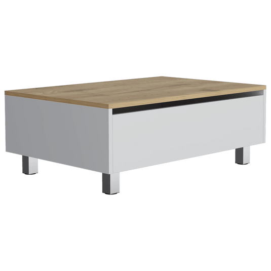 Mesa de Centro Gambia, Blanco Marqueza y Macadamia, con Cajón Interno y Patas Metálicas