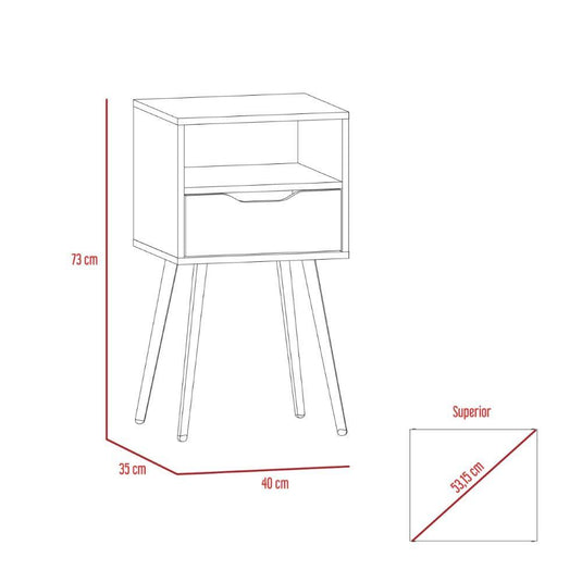 Mesa de Noche Otom, Blanco Marqueza y Rovere, con Patas de Madera y Un Cajón