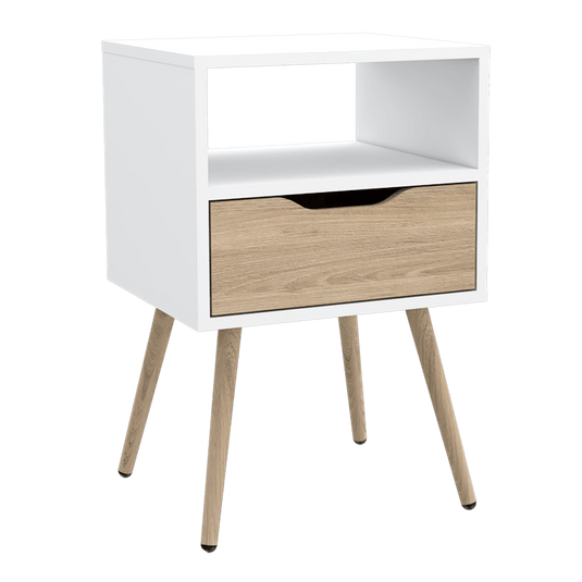 Mesa de Noche Otom, Blanco Marqueza y Rovere, con Patas de Madera y Un Cajón