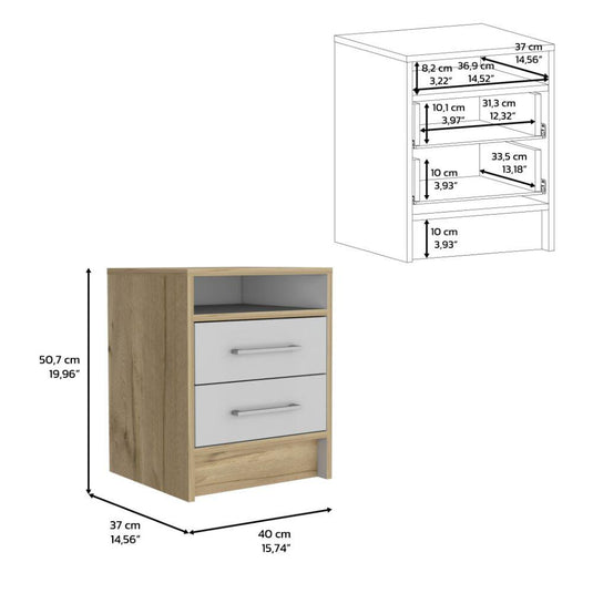 Mesa de Noche Douglas, Blanco y Café Claro, Con Dos Cajones, Espacio Para Libros Y Objetos Decorativos ZF