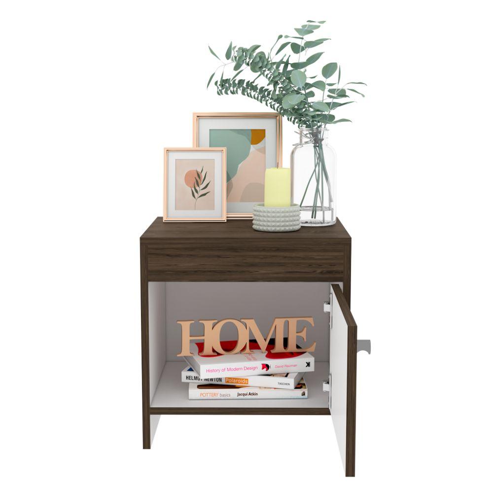Mesa de Noche Tutto, Chocolate y Blanco, con Un Cajón Amplio Ideal Para Espacios Pequeños X2