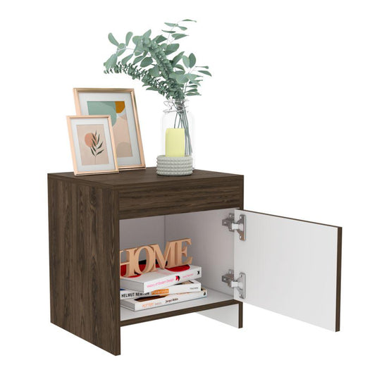Mesa de Noche Tutto, Chocolate y Blanco, con Un Cajón Amplio Ideal Para Espacios Pequeños X2