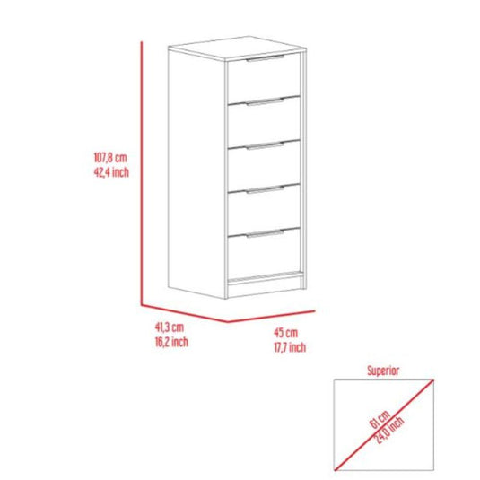 Cómoda Wesley, Miel y Blanco, con Cinco Cajones Deslizables de Cerraduras Metálicas X2