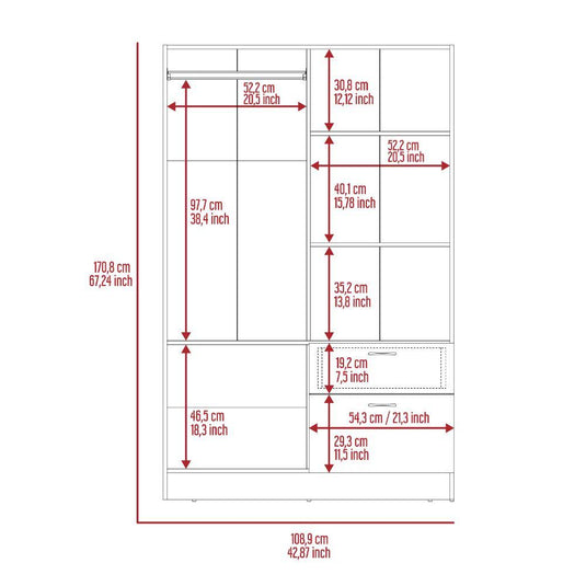 Closet Zoa, Wengue y Blanco, con Cuatro Puertas Batientes, Un Cajón y Un Tubo Para Colgar Ropa