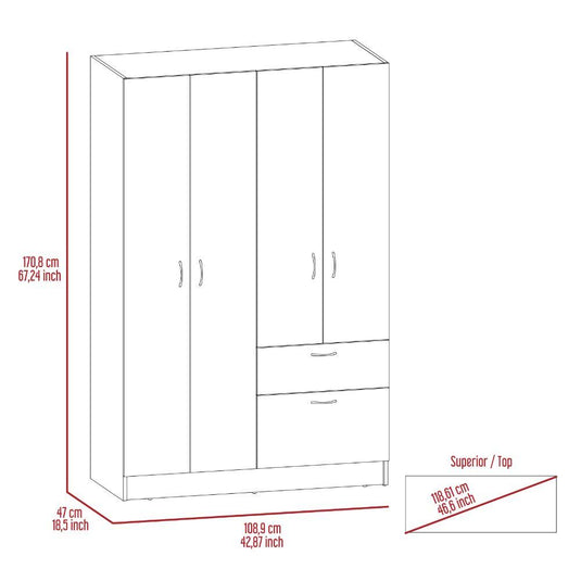 Closet Zoa, Wengue y Blanco, con Cuatro Puertas Batientes, Un Cajón y Un Tubo Para Colgar Ropa